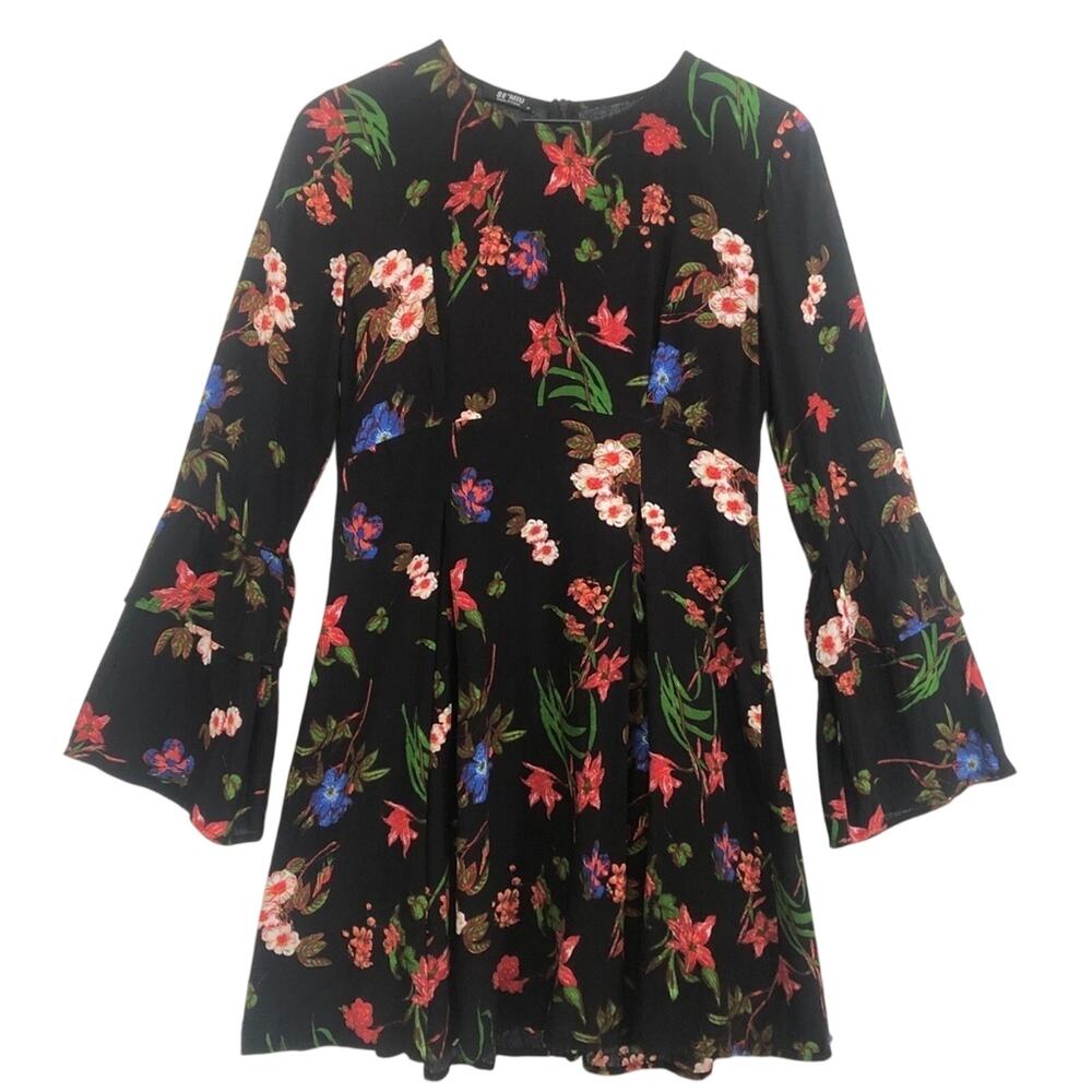 Se'Miu Black Floral Fit Flare Tiered Bell Sleeves Round Neck Mini Dress Medium